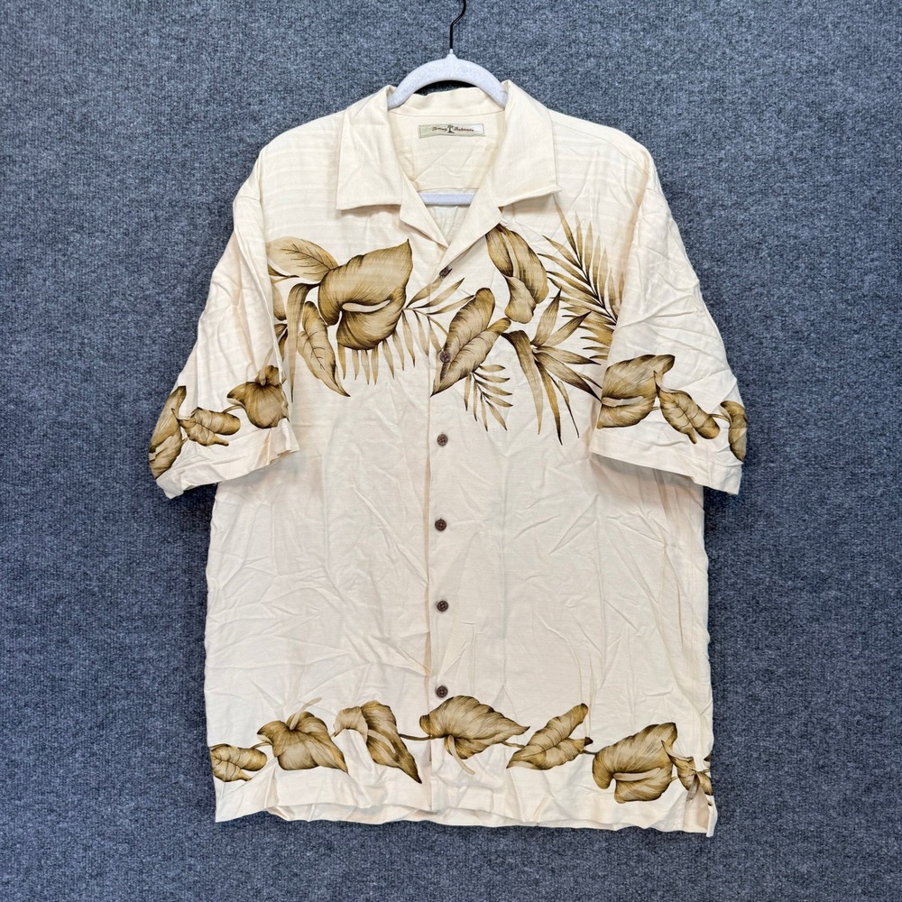 Tommy Bahama Hawaiian Shirt Mens Medium Beige Silk Tropical Leaf Print Button Up